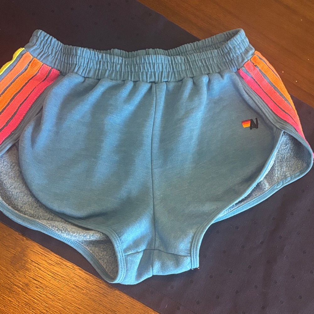 Aviator Nation Light Blue Shorts with Rainbow Side Stripes